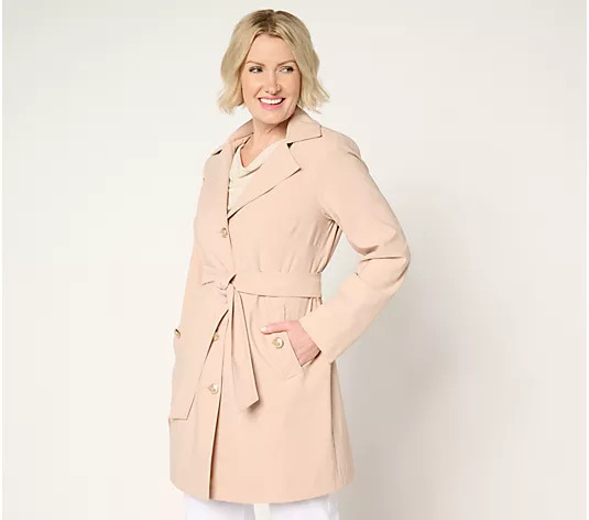 Dennis Basso Petite Water Resistant Trench Coat with Hood | QVC