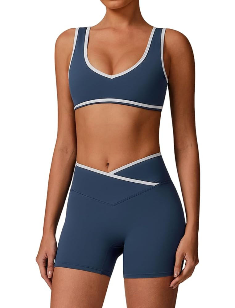 Two Piece Workout Sets for Women Color Block Sports Bra and Scrunch Butt Lifting Shorts Gym Yoga ... | Amazon (US)