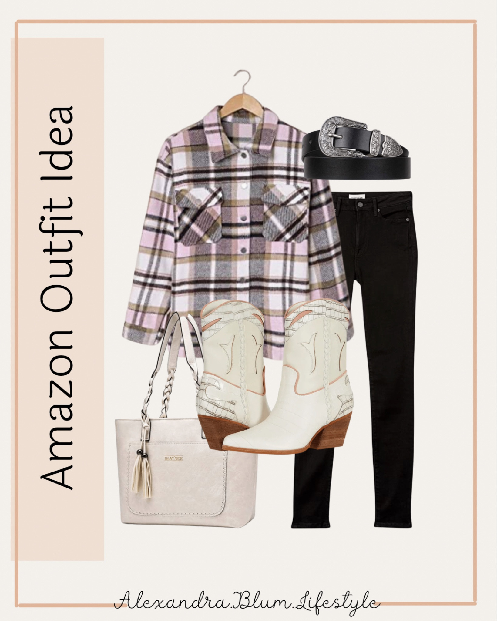 Amazon outfit idea! Cute everyday casual western outfit idea! Black skinny jeans, plaid button down Shacket, white tote bag, and cowgirl boots! Amazon fashion finds! Fall fashion! 

#LTKunder100 #LTKshoecrush #LTKitbag
