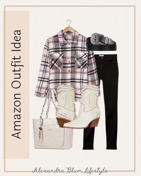 Amazon outfit idea! Cute everyday casual western outfit idea! Black skinny jeans, plaid button down Shacket, white tote bag, and cowgirl boots! Amazon fashion finds! Fall fashion! 

#LTKunder100 #LTKshoecrush #LTKitbag