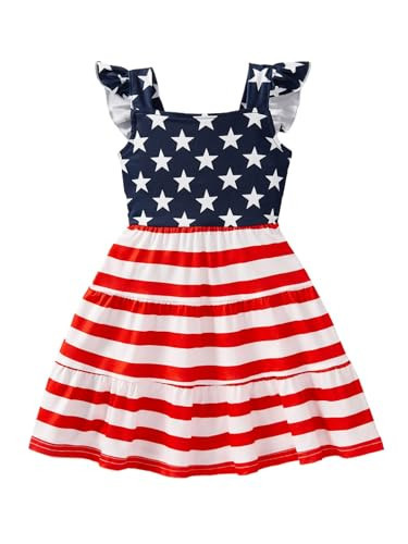 NUBEEHOHO Girls 4th of July Dress Stars Stripe America Flag Flutter Sleeve Shirred Tiered Smocked Sundress Patriotic Memorial Day Outfits 4-5 Years/1984 | Amazon (US)