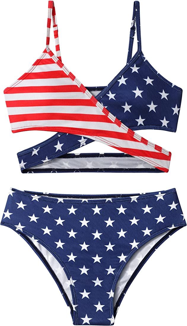 Aulyffo Girls Swimsuits Bikini Set,Two Piece Swimsuit Criss Cross Bathing Suit Girls' Swimwear | Amazon (US)
