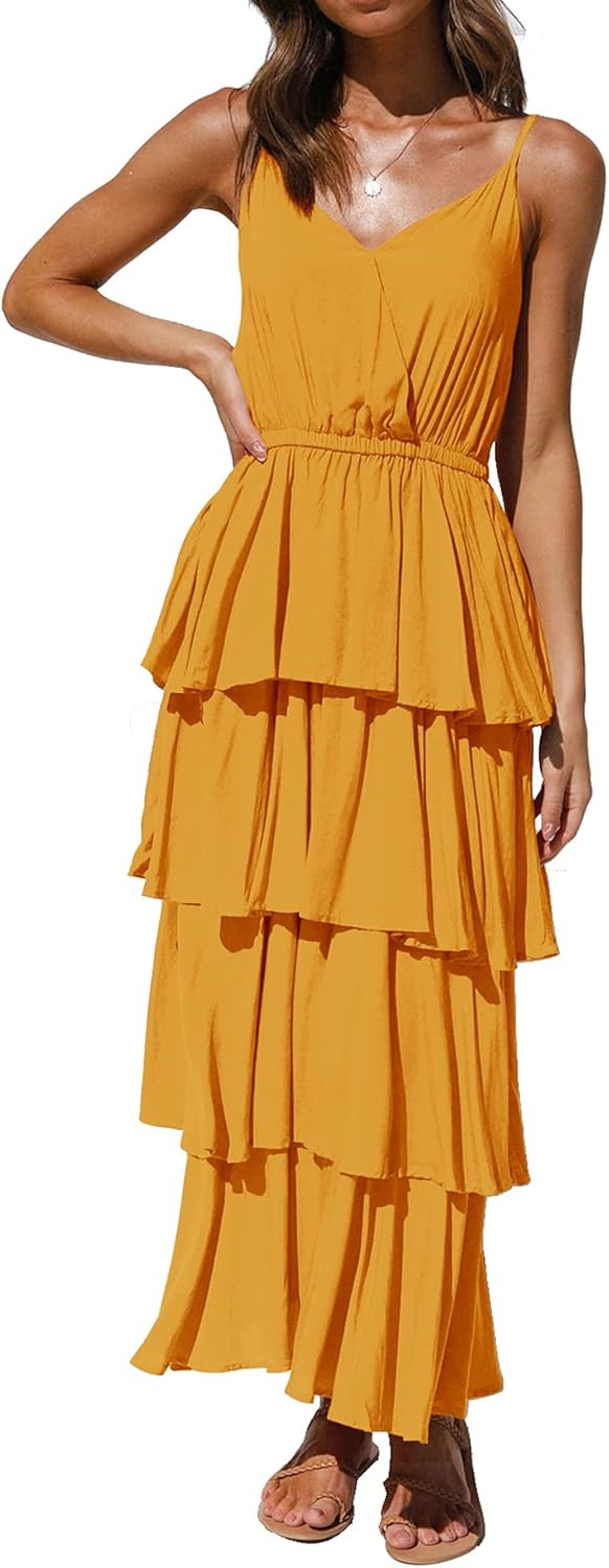 R.Vivimos Women's Summer Cotton Spaghetti Straps V-Neck Layered Ruffle Hem Boho Swing Midi Dress | Amazon (US)