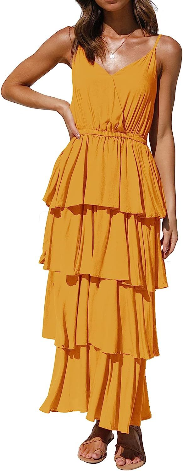 R.Vivimos Women's Summer Cotton Spaghetti Straps V-Neck Layered Ruffle Hem Boho Swing Midi Dress | Amazon (US)