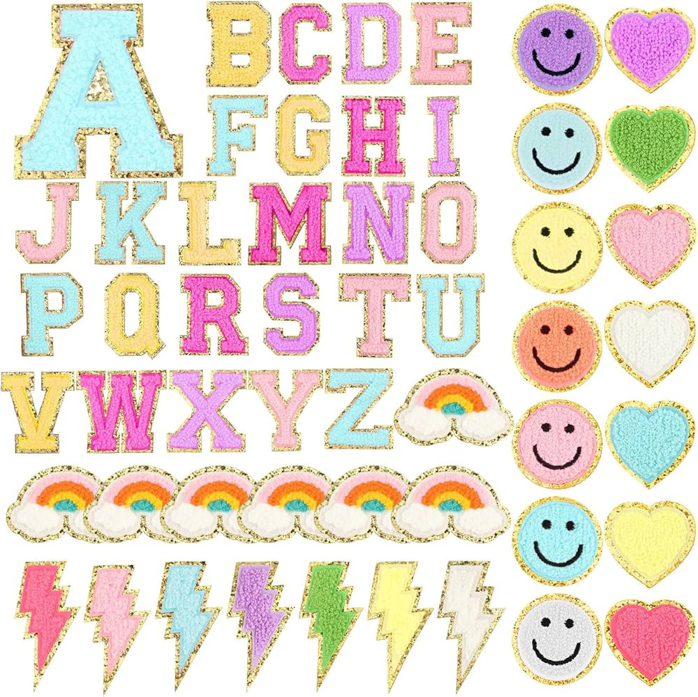 54 Pcs Self Adhesive Chenille Letters Patches Glitter Rainbow Chenille Patches Preppy Cute Sew Pa... | Amazon (US)