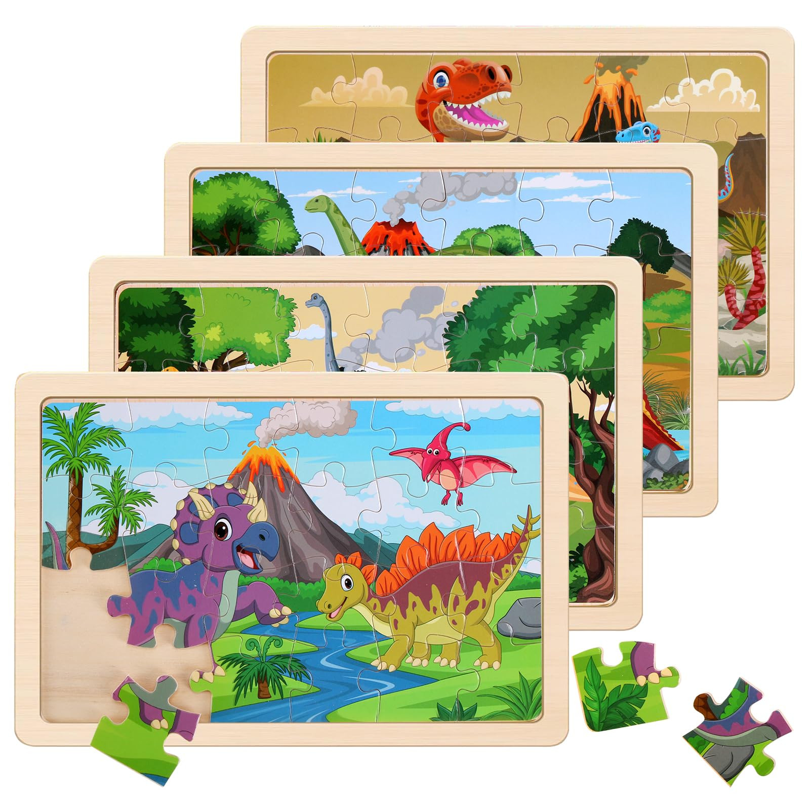 Wooden Puzzles Dinosaur Toys for Kids Ages 3-5, Set of 4 Packs with 20-Piece Wood Jigsaw Puzzles,... | Amazon (US)