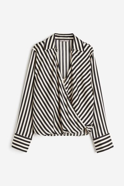 Wrap Satin Blouse - Black/Stripe - Ladies | H&M AU | H&M (AU)
