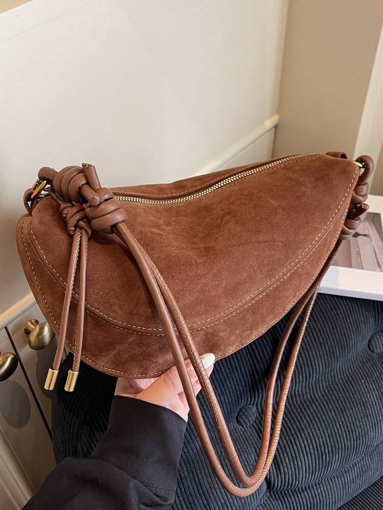 1pc Women Vintage Fashion Solid Color Suede Texture Shoulder Bag With Crescent Design, Zipper Closure, Suitable For Daily Use And Going Out, New Autumn And Winter Women Bag, Best Fall Purse, Newest Fashionable Suede Bag For Women, Perfectly Matching With Fall Outfits Women Fall Clothes For Women | SHEIN