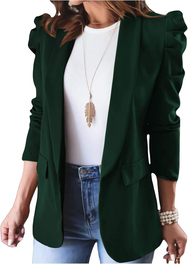 KIRUNDO Womens Blazer Casual Bussiness Puff Sleeve Pad Shoulder Open Front Work Blazer Suit Jacke... | Amazon (US)