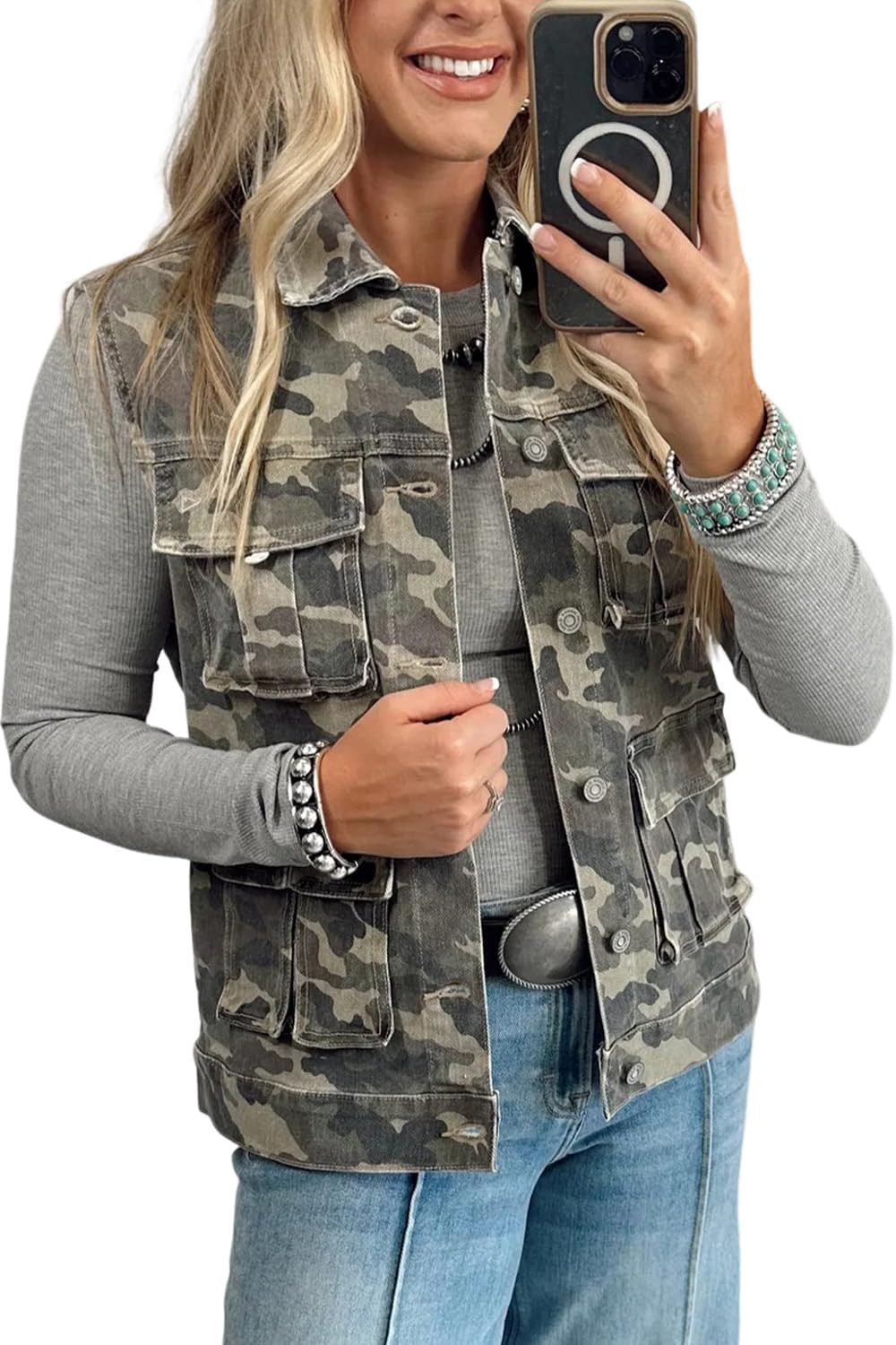 Maketina Womens Camo Denim Vest Sleeveless Button Down Jacket with Pockets | Amazon (US)