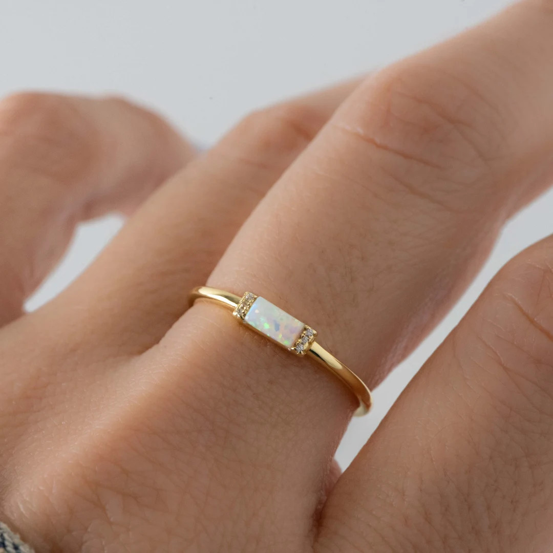 Opal Ring, Baguette Ring, Dainty Opal Ring, Minimalist Ring, Stacking Ring, October Birthstone Ri... | Etsy (US)