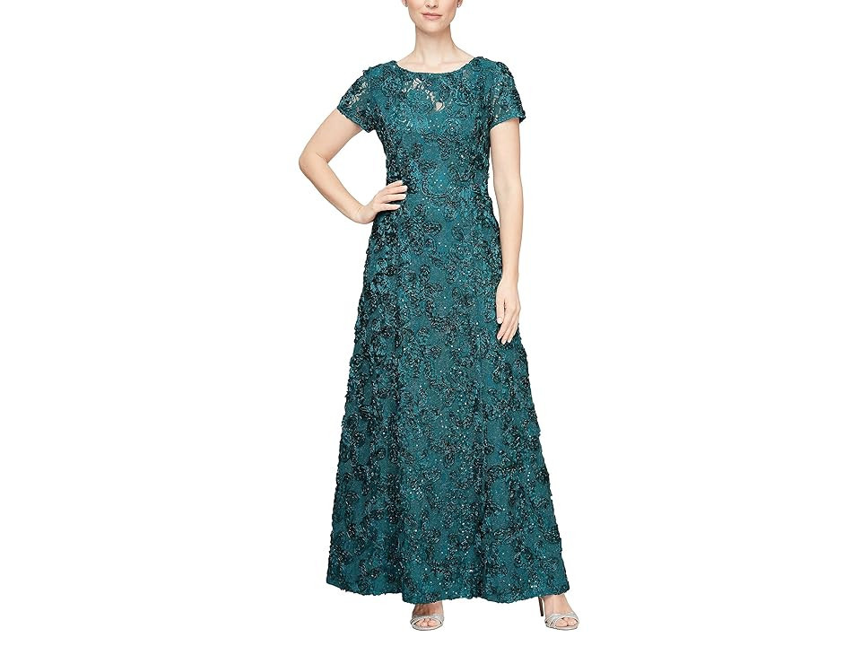 Alex Evenings Long A-Line Rosette Dress with Sequin Detail Women's Dress Emerald Green : 12, Rayon/Polyester/Nylon | Zappos