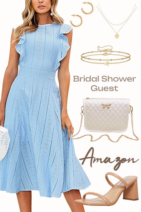 Summer bridal shower guest outfit idea from Amazon.

#bluemididress #stevemaddensandals #whiteurse #initialbracelet #summerdress

#LTKSeasonal #LTKstyletip #LTKwedding