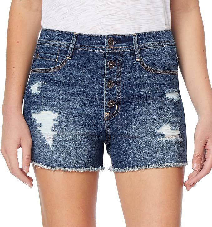 WallFlower Women's Juniors Flirty Curvy High-Rise Exposed Button Stretch Shorty Shorts | Amazon (US)