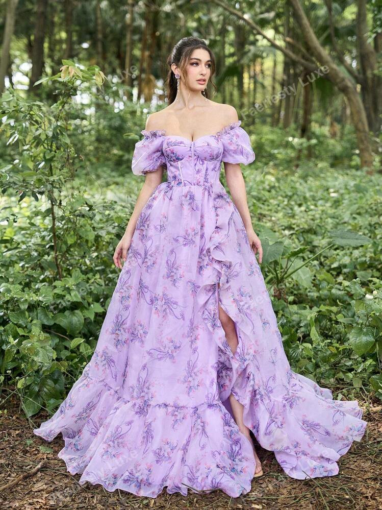 Faeriesty Ruffle Trim Square Neck Puff Sleeves Prom Dress Elegant Formal Evening Wedding Guest Dr... | SHEIN