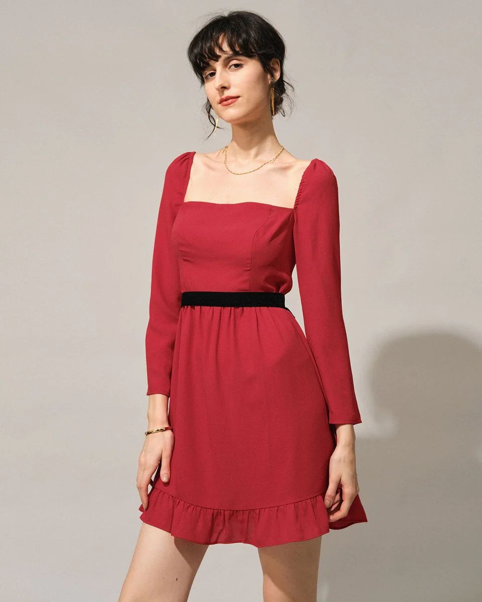 The Red Square Neck Flounce Long Sleeve Mini Dress & Reviews - Red - Dresses | RIHOAS | rihoas.com