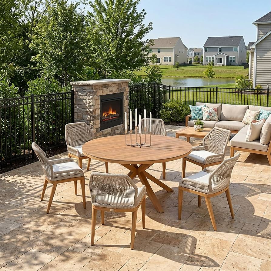 PURPLE LEAF 7 Pieces Round Dining Set Patio Aluminum Modern Round Table and Wicker Chairs with Cu... | Amazon (US)