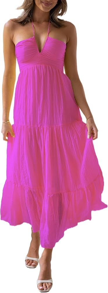 ROAONOCOMO Women Y2k Pleated Spaghetti Strap Maxi Dress Backless Cutout Long Cami Dress Tie Back ... | Amazon (US)