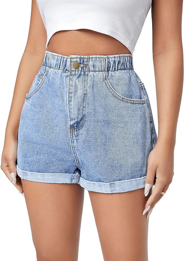 SweatyRocks Women's Casual High Waisted Wide Leg Denim Shorts Cuffed Hem Zipper Denim Jeans Short... | Amazon (US)