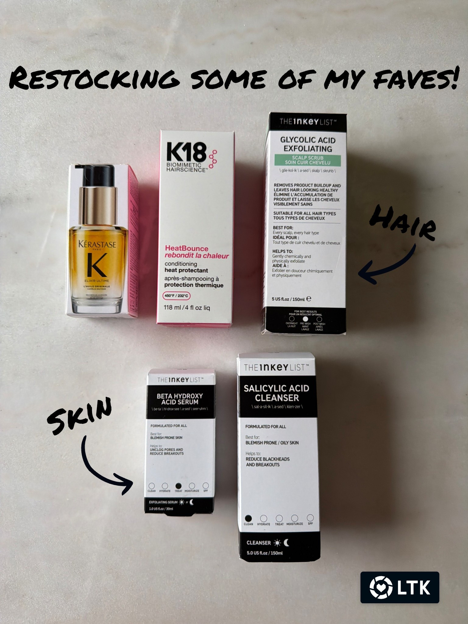 Restocking the staples that actually work.

Hair: Kérastase oil for shine, K18 heat protection, and The Inkey List glycolic scalp scrub to keep buildup in check.

Skin: The Inkey List salicylic acid cleanser + beta hydroxy acid serum to keep pores clear and breakouts under control.

No overhyped extras. Just the products I consistently repurchase because they do what they’re supposed to do.

#LTKbeauty #LTKunder50 #HaircareRoutine #SkincareRoutine #InkeyList #Kerastase #K18Hair #AcneProneSkin #BeautyRestock #EverydayEssentials

#LTKmorningroutine #LTKselfcare #LTKBeauty