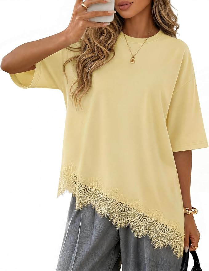ZESICA Women's Summer Oversized T-Shirts Asymmetrical Lace Going Out Tops | Asymmetrical Lace Tri... | Amazon (US)