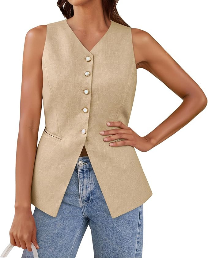 Tankaneo Womens Summer Suit Vest Tops Fashion Casual Sleeveless Blazers Split Hem Button Down Lin... | Amazon (US)