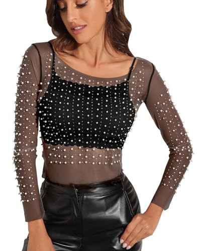 Women's Pearl Rhinestone See Through Long Sleeve Mesh Blouse One Piece Cover Up Halloween Festival Crop Top (Black, 2) | Amazon (US)