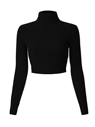 MixMatchy Women's Casual Turtleneck Long Sleeve Ribbed Sweaters Cropped Slim Fitted Knit Top Black L | Amazon (US)