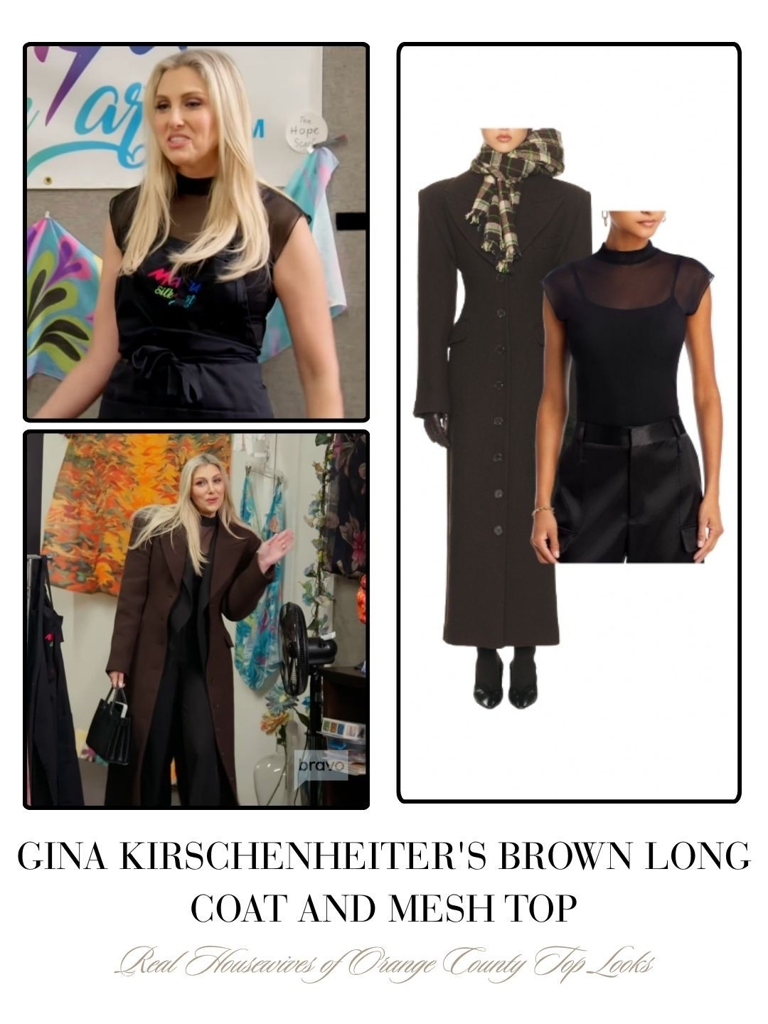 Gina Kirschenheiter’s Brown Long Coat and Mesh Top