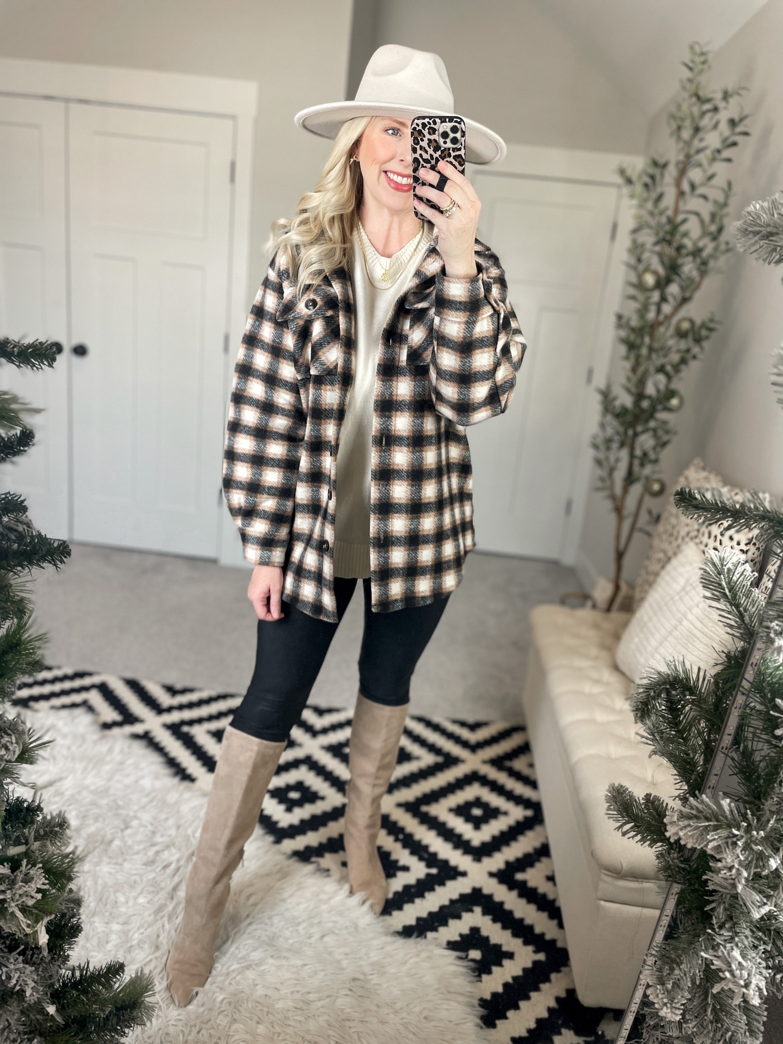 Daily try on, Walmart outfit, Walmart fashion, time and tru, tunic sweater, plaid shacket, plaid shirt jacket, faux leather leggings, knee high boots 

#LTKSeasonal #LTKstyletip #LTKunder50
