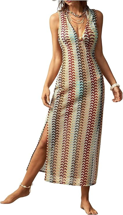 GORGLITTER Women's Boho Color Block Crochet Maxi Dress Summer Vacation Beach Peasant Bodycon Tank... | Amazon (US)