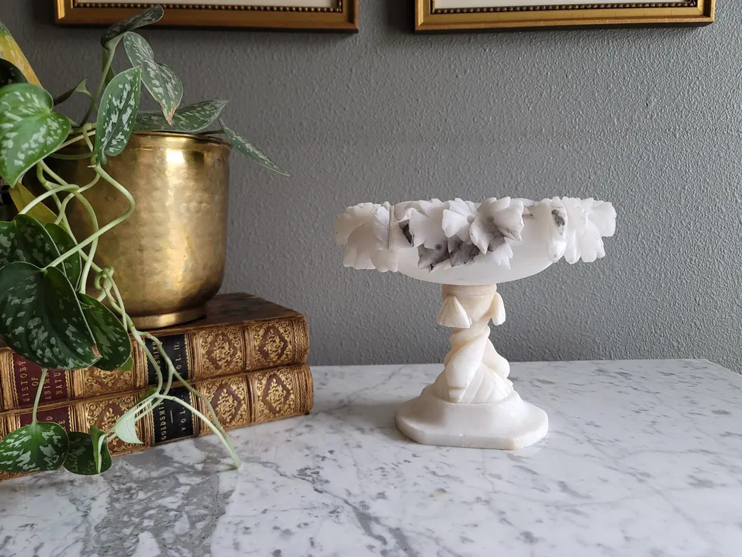Antique Italian Alabaster Tazza - 9" Diameter - Pedestal Compote - White With Black Veinind - Ets... | Etsy (US)