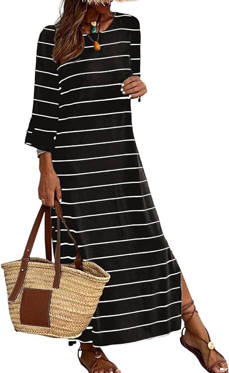 BLENCOT Womens Fall Rolled Up Sleeve Striped Blouse Long Dress Casual Beach Maxi T-Shirt Dresses | Amazon (US)