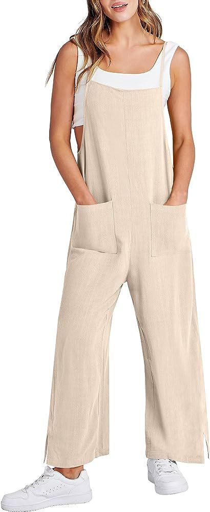 ANRABESS Women Casual Loose Long Bib Pants Wide Leg Jumpsuits Baggy Linen Rompers Overalls with Pock | Amazon (US)