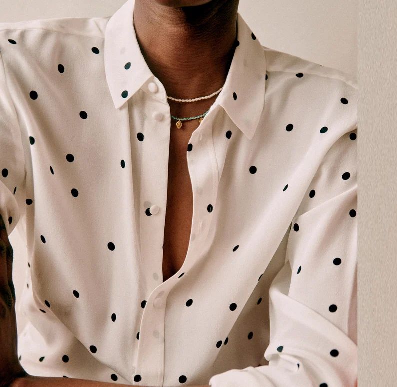 100% Real Silk Polka Dot Button Long Sleeves Shirt /women - Etsy UK | Etsy (UK)