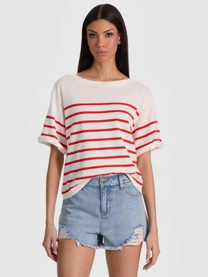 AMELIE STRIPED KNIT TEE - SOFT WHITE/CHILI PEPPER | Alice + Olivia