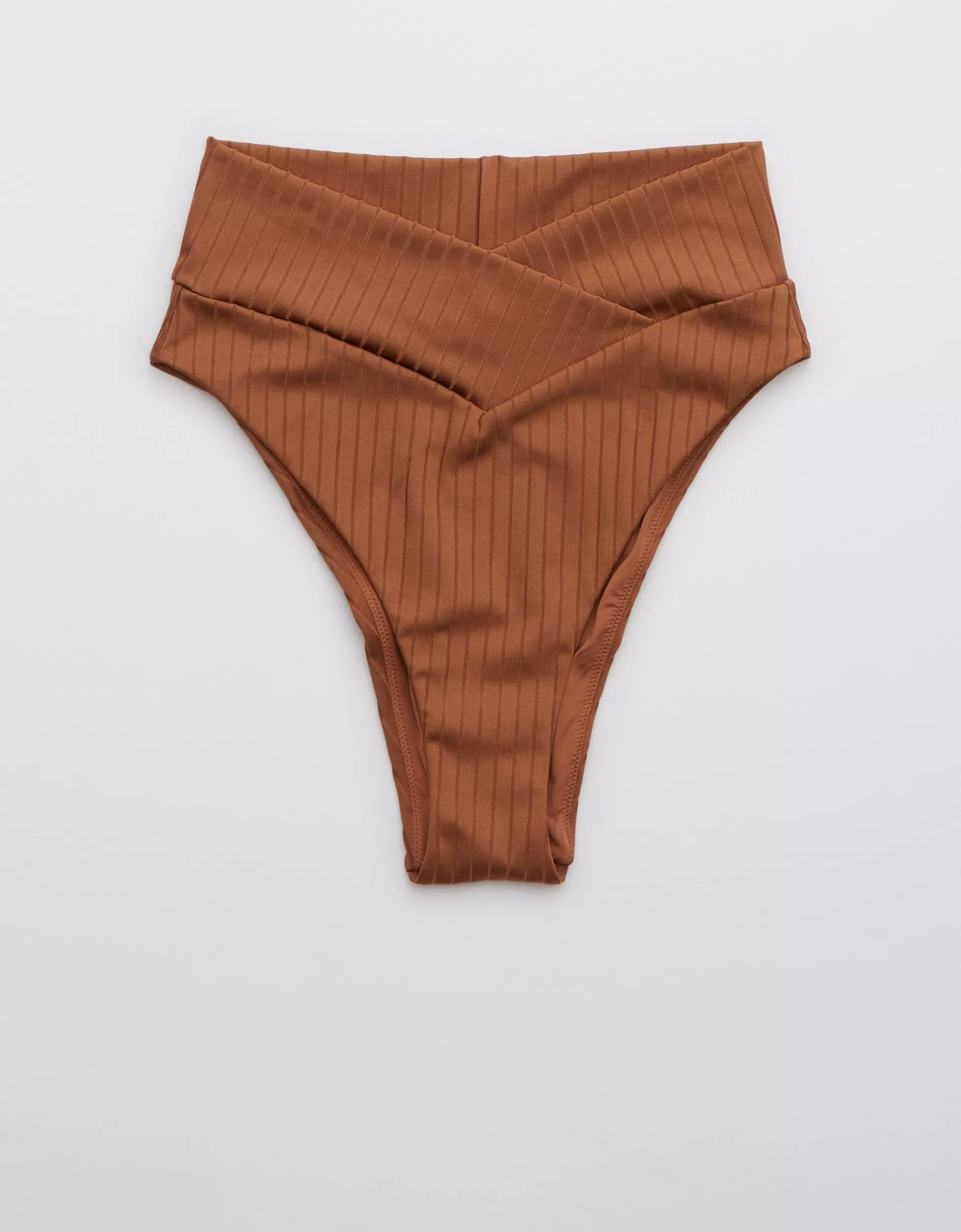 Aerie Ribbed Shine Crossover High Cut Cheeky Bikini Bottom | American Eagle Outfitters (US & CA)