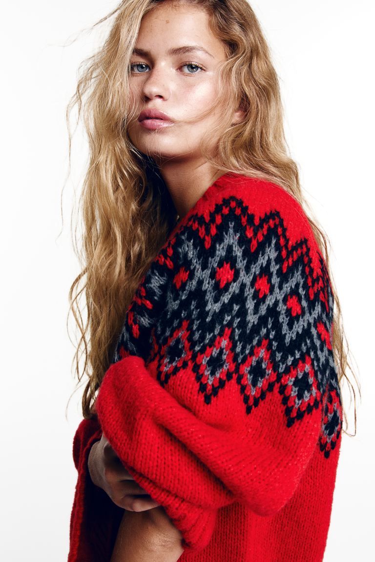 Jacquard-knit Sweater - Red/patterned - Ladies | H&M US | H&M (US + CA)