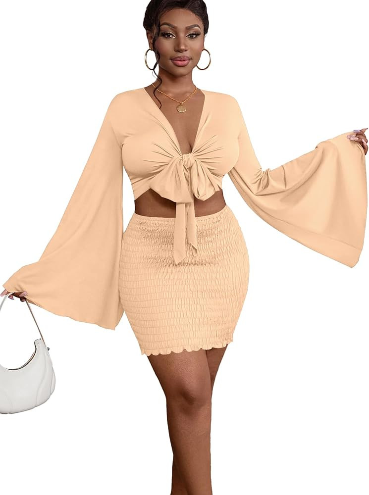 LYANER Women 2 Piece Vacation Outfits Tie Knot Front Bell Long Sleeve Crop Top and Mini Skirt Sum... | Amazon (US)