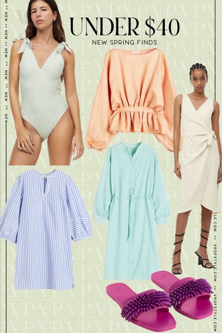Under $40 new spring fashion finds. Tie shoulder striped one piece swimsuit has full coverage. The striped blue dress is a Lineny material and would work great for a bathing suit coverup or wear for casual day lunch when on vacation. Striped green dress so versatile. Love the dressy peach to wear with jeans for spring date night or to church with a skirt. Love the side tie sleeveless dress. And the pink slide sandals are so fun!! 

#LTKtravel #LTKshoecrush #LTKunder50