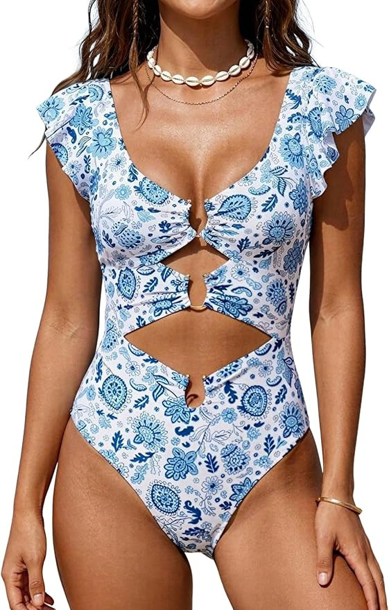 B2prity Women One Piece Swimsuit Tummy Control Ruffle Sleeve V Neck Bathing Suit Cutout Sexy High... | Amazon (US)