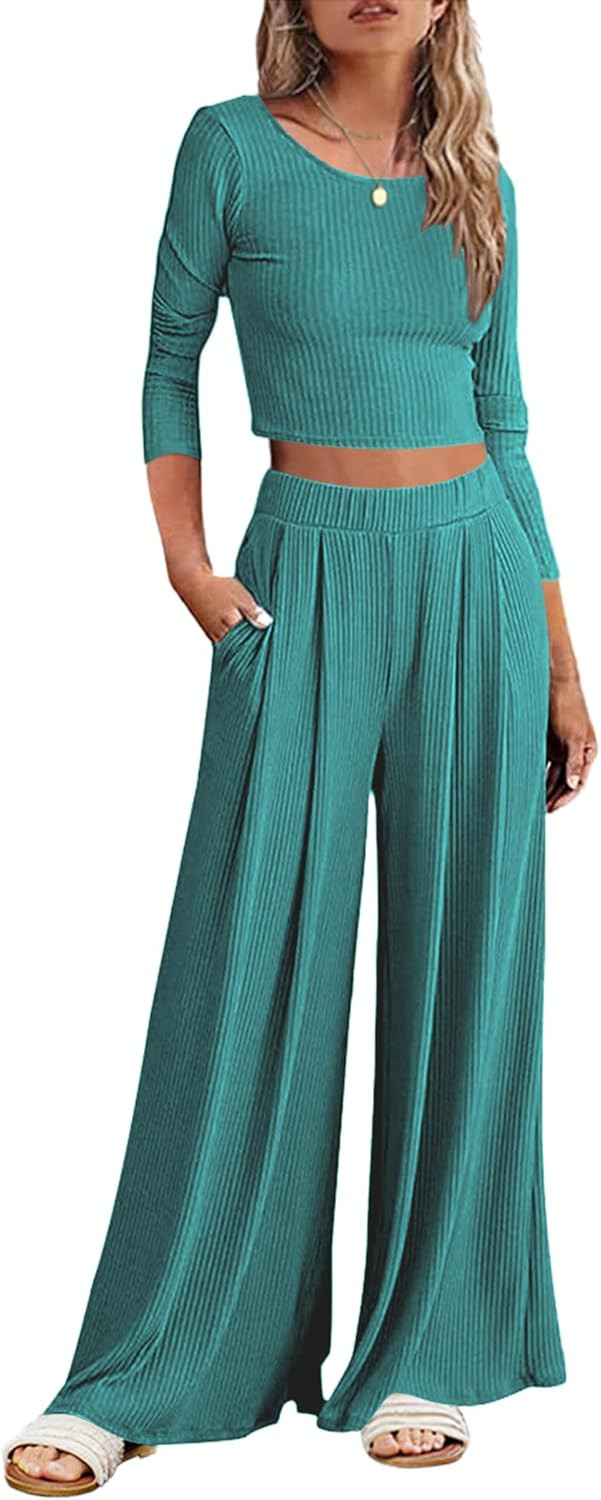 Ekouaer Women's 2 Piece Lounge Sets Ribbed Knit Crop Top Wide Leg Pants with Pockets S-XXL | Amazon (US)