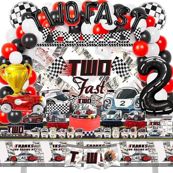 Two Fast Birthday Decorations for Boys, 153 Pcs Race Car Birthday Party Supplies - Backdrop, Cupc... | Amazon (US)