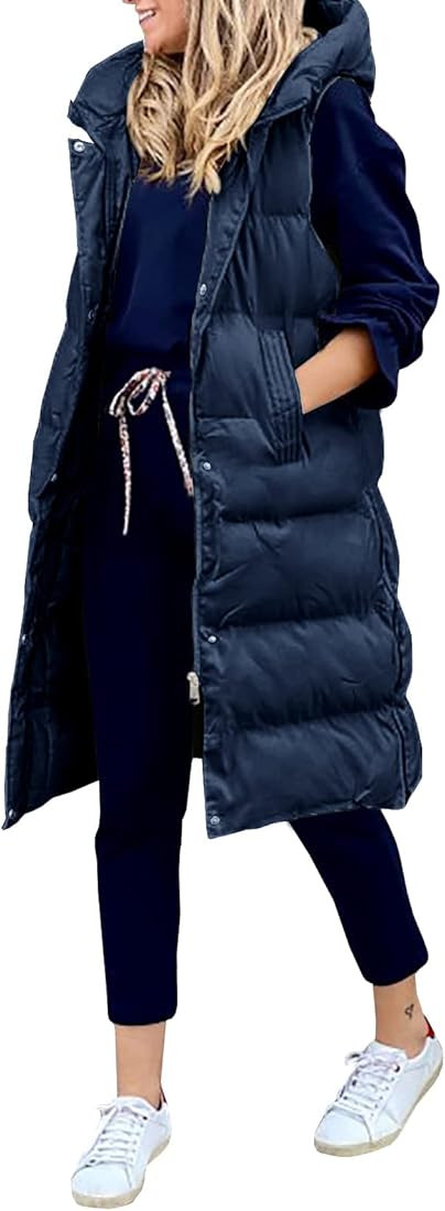 Avilego Women's Hooded Long Down Vest Full-Zip Sleeveless Puffer Vest Fashionable Coats Jacket | Amazon (US)