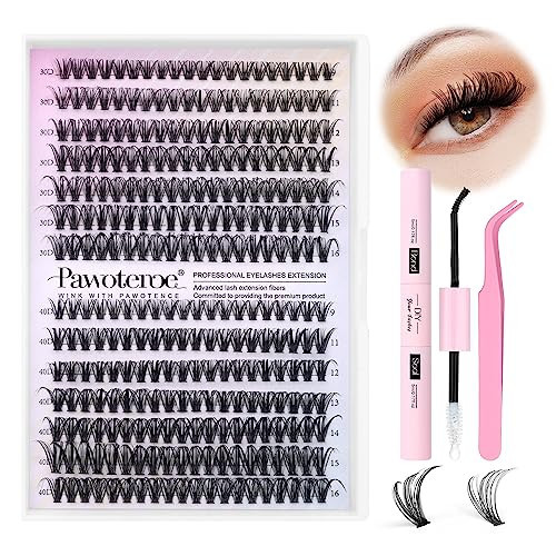 Pawotence Lash Extension Kit DIY 280pcs Lash Clusters Eyelash Extension Kit, 9-16mm 30D 40D Individual Lashes Kit with Lash Bond and Seal, Lash Tweezers for Self Use (30D&40D, 0.07D, 9-16mm, Kit) | Amazon (US)