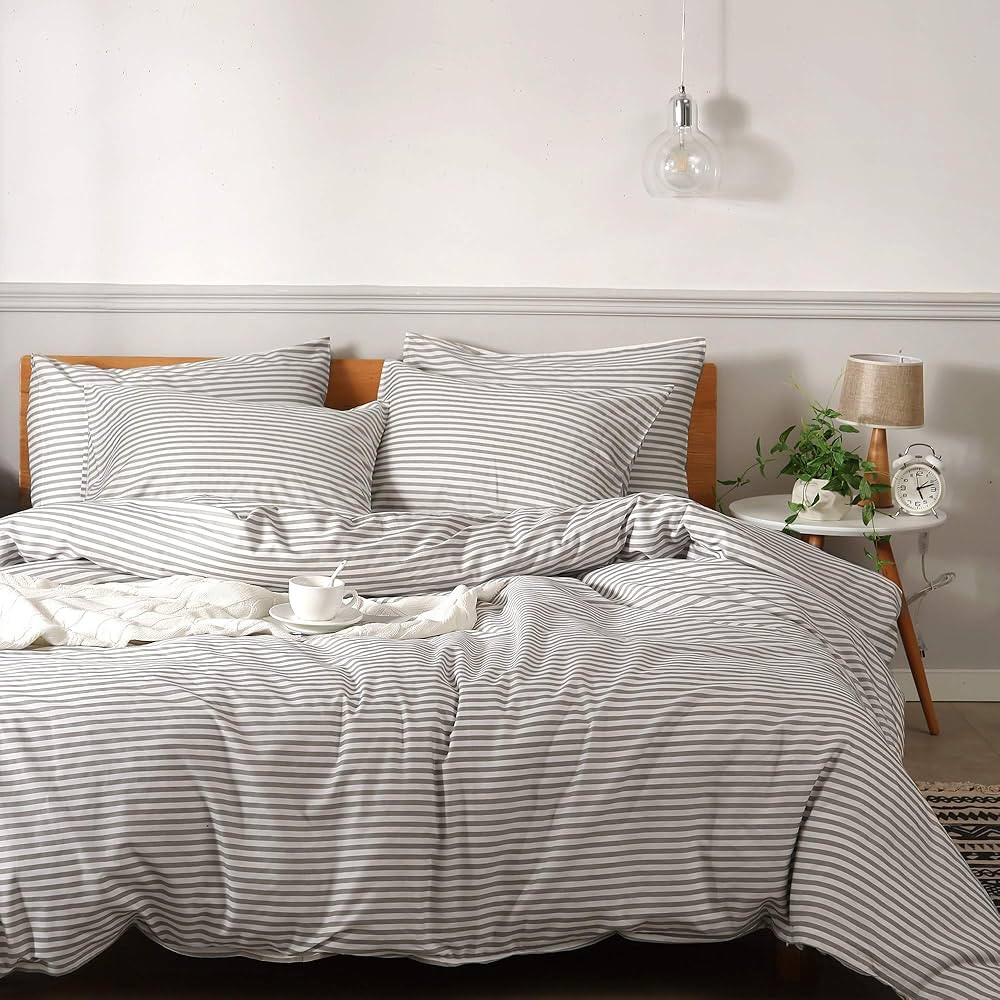 JELLYMONI 100% Natural Cotton 3pcs Striped Duvet Cover Sets,White Duvet Cover with Grey Stripes P... | Amazon (CA)