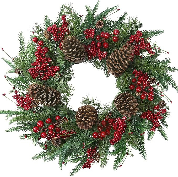 22’’ Artificial Christmas Wreath Norfolk Pine Wreath for Front Door with Pine Needles Red Ber... | Amazon (US)