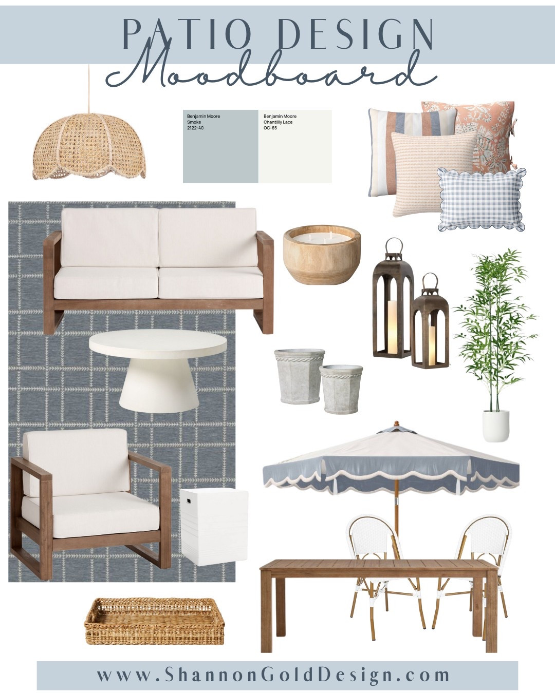 Curating a fresh, elevated look for my patio with soft dusty blues, warm neutrals, and tons of texture. Think coastal without going full beachy — just timeless, calming style.

This design board includes patio furniture: outdoor couch, chair, dining table, outdoor pillows, scalloped rattan chandelier, gold lanterns, concrete planters, woven tray, faux bamboo plant, blue grid rug.

#LTKHome #LTKSeasonal