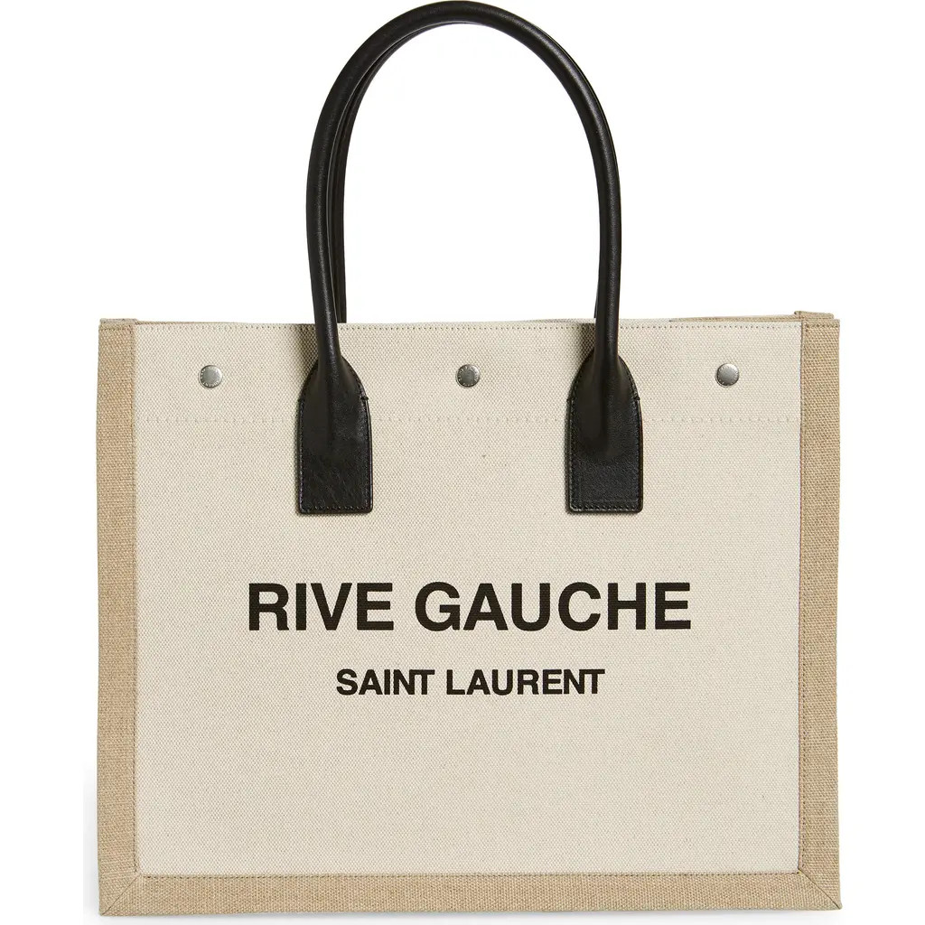 Saint Laurent Small Rive Gauche Logo Canvas Tote in Greggio/Natural at Nordstrom | Nordstrom