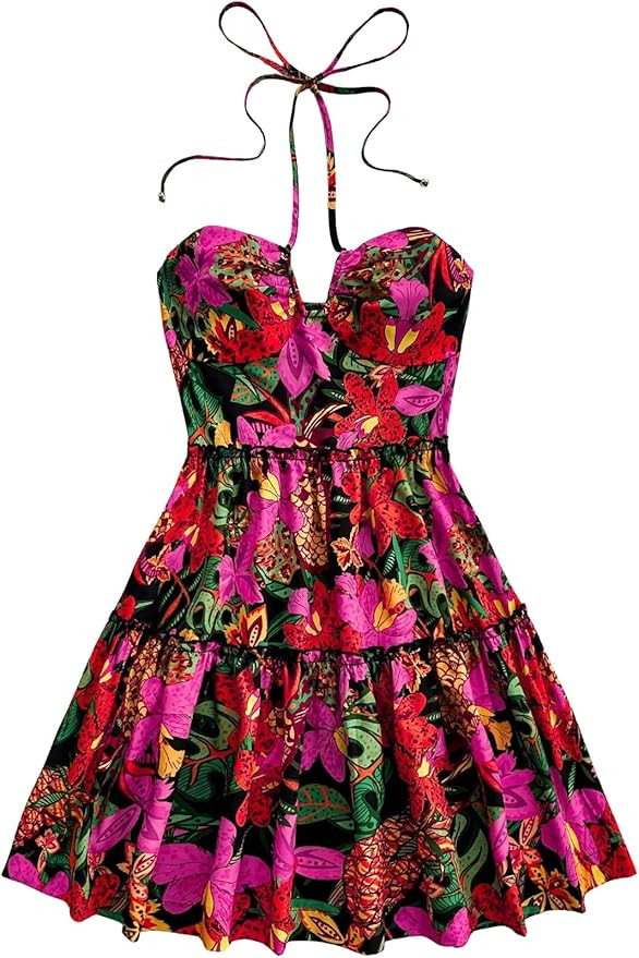 Floerns Women's Summer Tropical Floral Sleeveless Halter Top Dress Boho Sun Dress | Amazon (US)